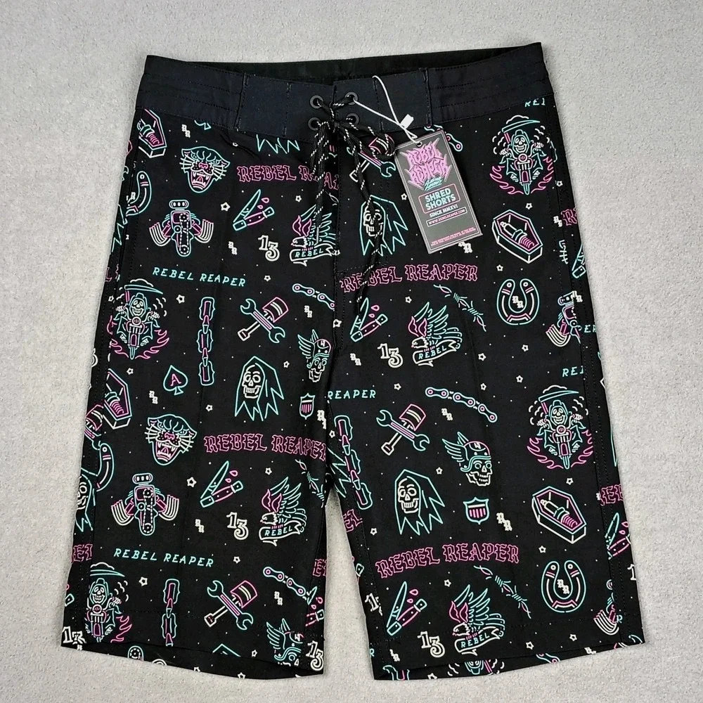 Rebel Reaper‎ Board Shorts Men Small Black Swim Trunks Tattoo Biker Pockets NWT